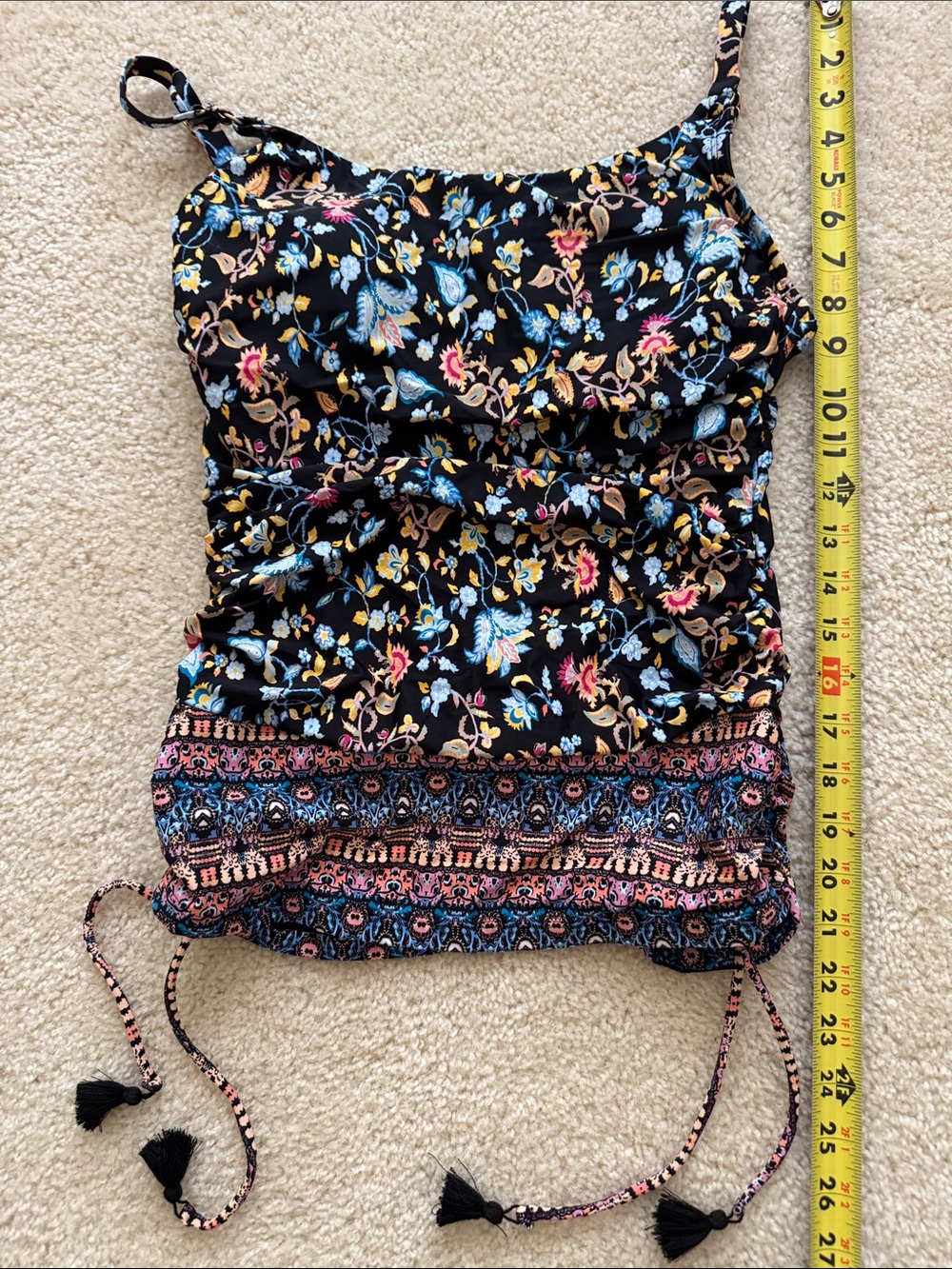 Jantzen Black Floral Ruched Tankini top with Multicolor Border and tassels